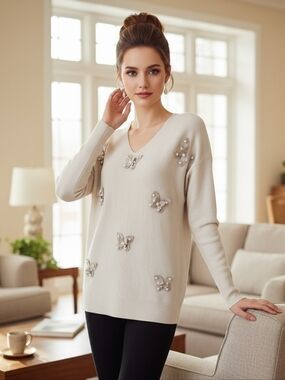 LIV MILANO Elegant Ribbed Cream Sweater with Butterfly & Pearl Accents Sz M